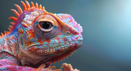 Obraz premium This stunning close-up image captures the vivid colors and intricate textures of an iguana. The detailed scales and piercing eye reflect a moment in nature's beauty.