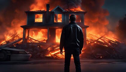 Man Watching A House Fire Burn Down in the Dark of Night
