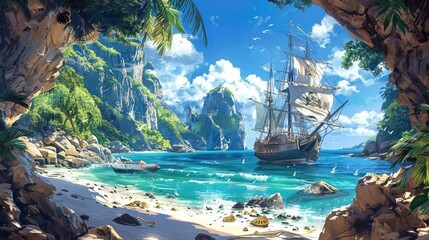 Stunning Pirate s Cove Landscape with Shipwrecked Galleon and Owls Feasting on Buried Treasure in a Hidden Tropical Oasis - obrazy, fototapety, plakaty