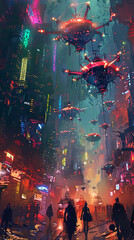 A dark and rainy street in a cyberpunk city with flying cars and people walking in the rain.