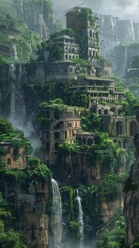 A digital painting of an overgrown city in the jungle.