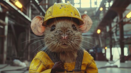 Industrial mouse builder. Construction mouse worker on industrial background - 784597834