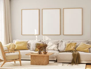 Foto op Canvas Frame mockup, ISO A paper size. Living room wall poster mockup. Interior mockup with house background. Modern interior design. 3D render  © mtlapcevic