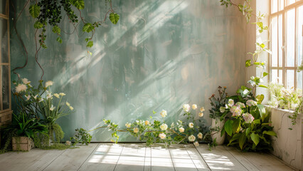 Bright, sunlit corner of a greenhouse room with flowering plants and vibrant green foliage against a textured wall.