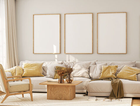 Naklejki Frame mockup, ISO A paper size. Living room wall poster mockup. Interior mockup with house background. Modern interior design. 3D render 