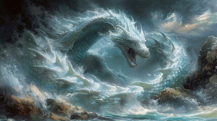 Guardian Serpent in the midst of a powerful storm. - obrazy, fototapety, plakaty