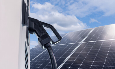 Electric vehicles charging station that takes energy from solar panels. Close up