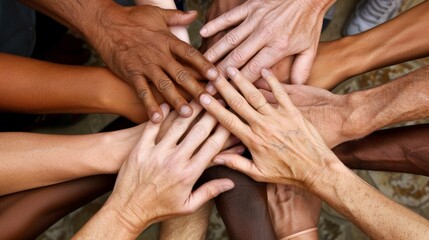A close-up of hands of different ages, races, and genders coming together to form a circle, symbolizing unity, solidarity, and the beauty of diversity.