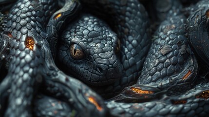 Sinister Black Serpent. Coiled Amongst Twisted Roots, Eyes Gleaming with Ancient Malice - obrazy, fototapety, plakaty