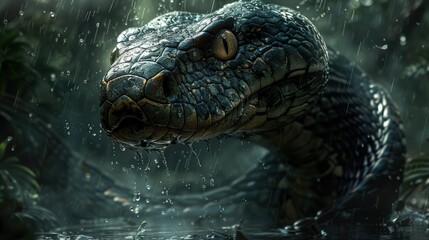 Fototapeta premium Twilight Terror. The Black Serpent Attacks in the Middle of the Dark Forest, Instilling Fear in the Forest Dwellers