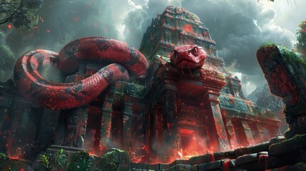 The Ancient Serpent coiled around the ancient temple. - obrazy, fototapety, plakaty