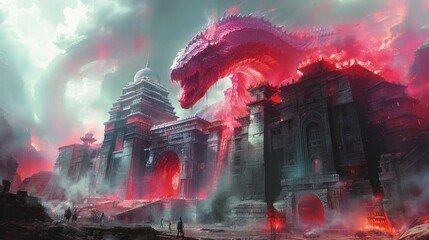 The Ancient Serpent attacked the ancient city. - obrazy, fototapety, plakaty