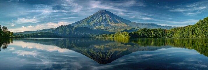 Mountain Panorama Landscape. Volcanic Mountain and Reflection in Calm Water of Lake - obrazy, fototapety, plakaty