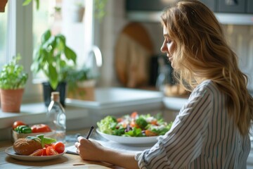 Diet Meals. Woman Writing Weekly Meal Plan on Diet Planner Note at Home