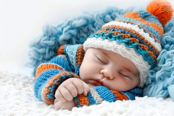 Cute Newborn Boy Portrait. Happy Infant Sleeping on White Background