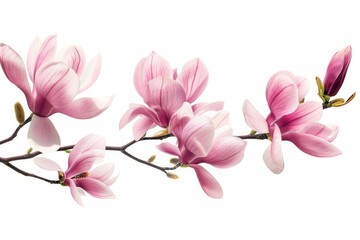 Spring Isolated. Pink Magnolia Blossom Branch with Border of Flowers