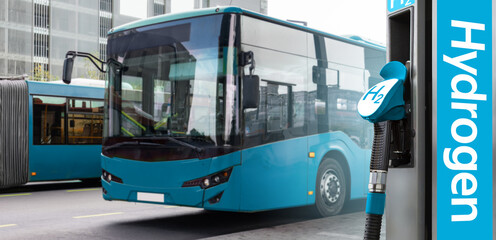 A hydrogen fuel cell bus with filling station.