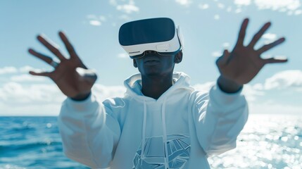Man with VR Headset at Sea
