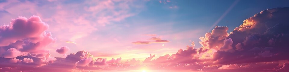 Sunset Clouds Sky. Panoramic View of Pink Clouds in the Soft Light of Sunset - obrazy, fototapety, plakaty