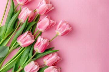 Flowers Pink Background. Beautiful Pink Tulip Bouquet on Pastel Background for Valentine's Day, Easter, Birthday