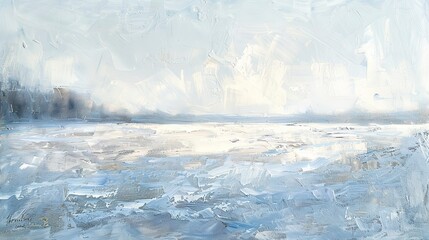 Oil painting Abstract, winter snowscape, cool whites and blues, morning light, wide lens, frosty texture. 