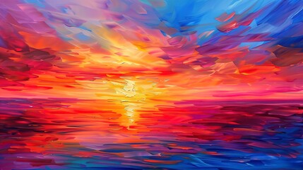 Abstract oil painting, summer sunset, fiery sky, evening, panoramic view, serene water reflection. 