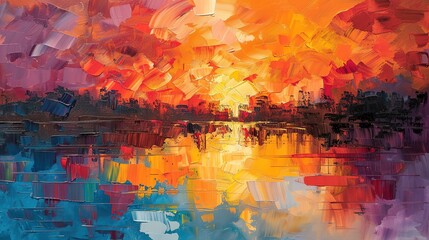 Abstract oil painting, summer sunset, fiery sky, evening, panoramic view, serene water reflection.
