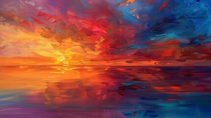Fototapeta na wymiar Abstract oil painting, summer sunset, fiery sky, evening, panoramic view, serene water reflection.