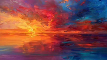 Deurstickers Abstract oil painting, summer sunset, fiery sky, evening, panoramic view, serene water reflection. © Thanthara