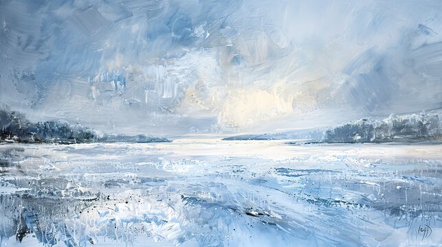 Oil painting Abstract, winter snowscape, cool whites and blues, morning light, wide lens, frosty texture.
