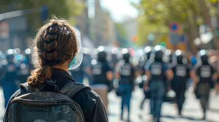 Back view protester amid street protests, police in background, civil unrest scene