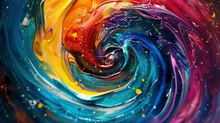 Foto op Canvas Oil paint, swirling colors, psychedelic spirals, vibrant, close-up, glossy finish.  © Thanthara