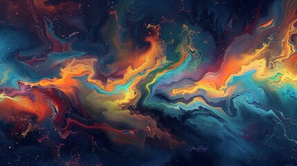 Oil painting Abstract, fractal waves, oil effect, neon palette, night, panoramic, flowing motion.  - obrazy, fototapety, plakaty
