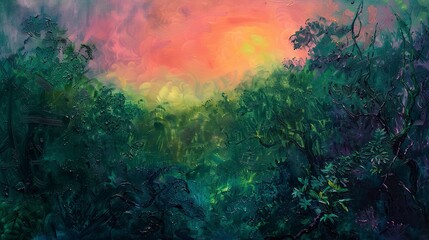 Obraz na płótnie Canvas Oil paint, fluorescent fauna, glowing greens and pinks, twilight, panoramic, luminescent texture. 