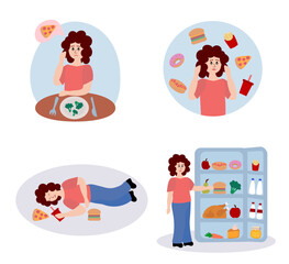 Eating disorder. Sad woman worries about being overweight. Overeating, bulimia, anorexia. Food addiction concept. Rejection of yourself. Set of cartoon flat vector illustrations.