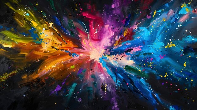 Oil painting Abstract, cosmic explosion, oil painting, bright neons against black, night, wide view, starburst effect. 