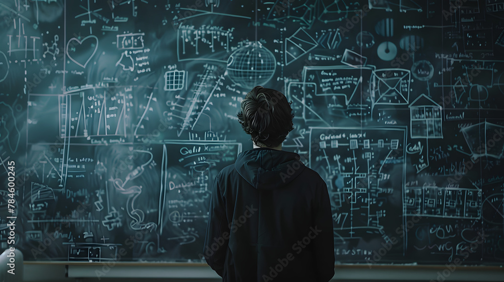 Poster a person stands in front of a chalkboard filled with intricate math formulas, deep in thought.