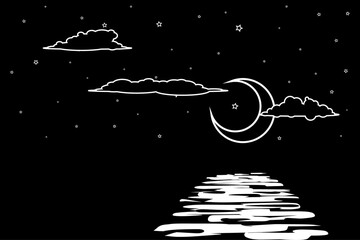 Night Seascape in Perspective. Black and White Clouds and Moon Isolated on Starry Night Background. Futuristic Glowing Banner of Illuminated Waves. Raster. 3D Illustration