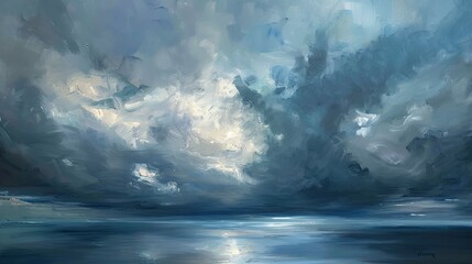 Oil painting, stormy skies, dramatic grays and blues, overcast, panoramic, dynamic cloud patterns.