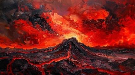 Oil painting Abstract, volcanic eruption, fiery reds and blacks, dusk, wide angle, molten lava flow. --ar 16:9 Job ID: 4c293753-417d-41f6-a6a6-bacfed08a9af - obrazy, fototapety, plakaty
