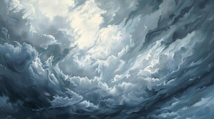 Oil painting, stormy skies, dramatic grays and blues, overcast, panoramic, dynamic cloud patterns. 