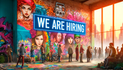 Vibrant street art backdrop with “We Are Hiring” sign, perfect for creative industries looking to attract artistic talent, highlights a cultural urban vibe.
