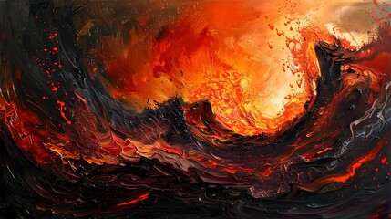 Oil painting Abstract, volcanic eruption, fiery reds and blacks, dusk, wide angle, molten lava flow. 