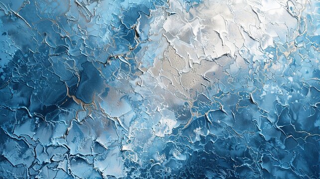 Oil paint, frozen lake, icy blues and whites, dawn, aerial perspective, crackled ice texture. 