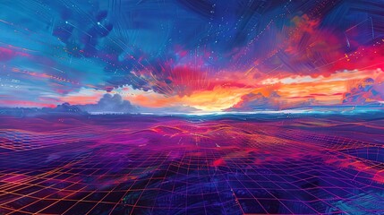 Oil painting Abstract, neon grid landscape, cyber hues, dusk, wide angle, digital horizon. 