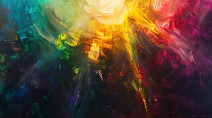 Oil painting, holographic interface, spectral colors, morning light, close-up, ethereal glow. - obrazy, fototapety, plakaty