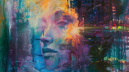 Oil painting, holographic interface, spectral colors, morning light, close-up, ethereal glow. - obrazy, fototapety, plakaty