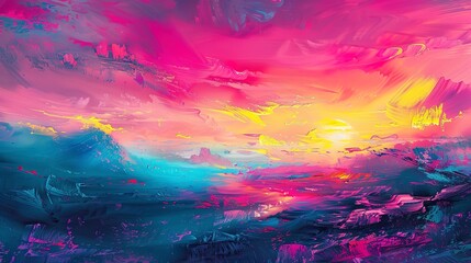Abstract oil painting, virtual reality dreamscape, neon palette, golden hour, panoramic, surreal layers. 