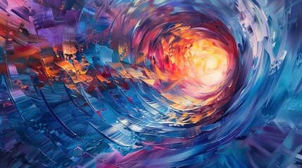 Oil painting, digital vortex, cool blues and purples, twilight, macro, swirling cyber tunnel.