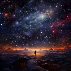 A solitary figure standing before an awe-inspiring cosmic display in a snowy mountain landscape